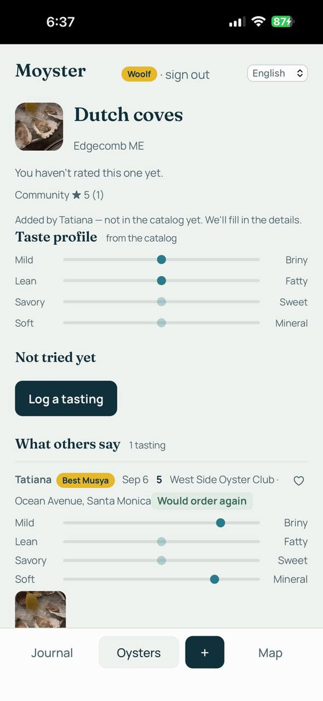Oyster detail screen with taste profile and community notes